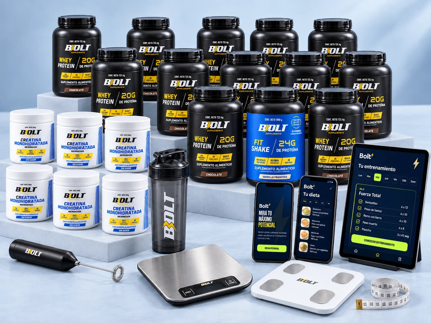Paquete anual Bolt con suplementos, dispositivos que representan la App y accesorios