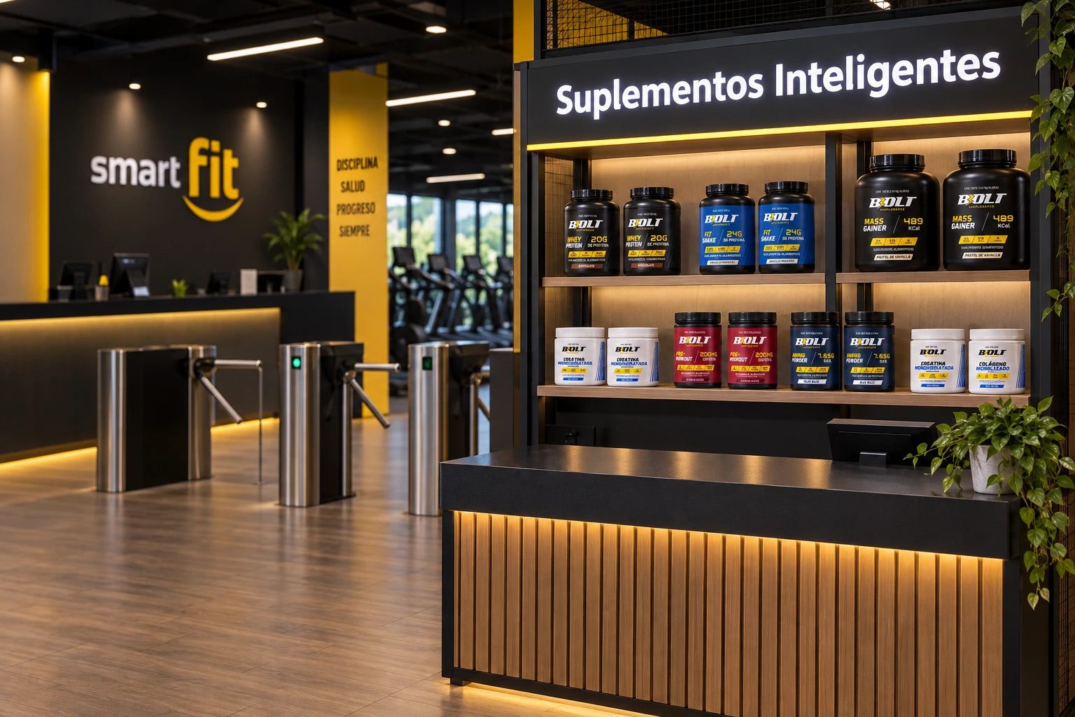 Ilustración de un kiosco Suplementos Inteligentes en recepción de gimnasio